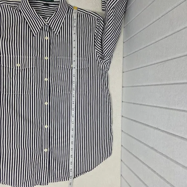 Lauren Ralph Lauren Navy Blue and White Vertical Stripe Button-Down Shirt Size M - Image 8