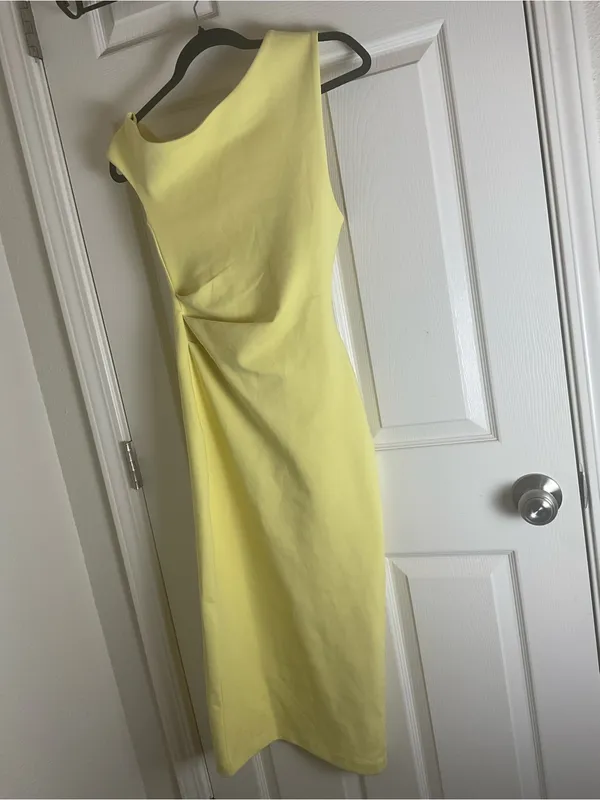 NWT ZARA Pale Yellow Asymmetric Ruched Midi Dress - Size Small - Image 2