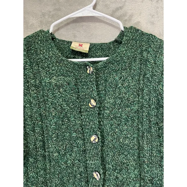 Vintage Irish 100% Wool Cardigan Green Cable Knit Button Front Sweater Medium - Image 2