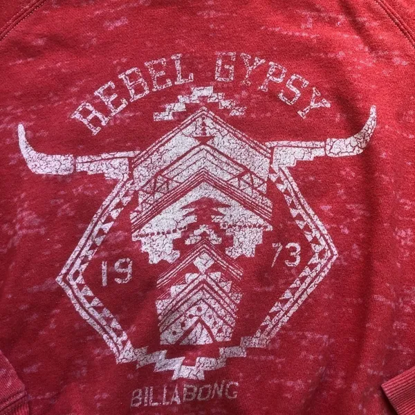 Billabong Cropped Sweatshirt Crew Neck Distressed Red Rebel Gypsy Size S Beachy - Image 3