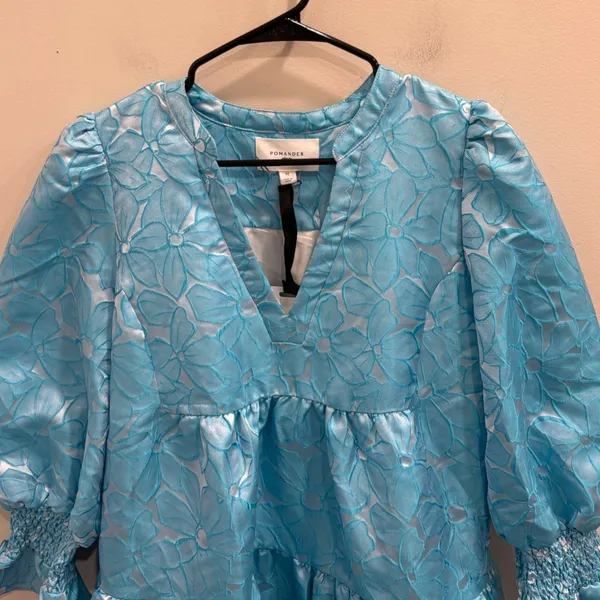 Pomander Place Blue Floral Jacquard Kenzo Tiered Mini Babydoll Dress‎ Medium NEW - Image 5