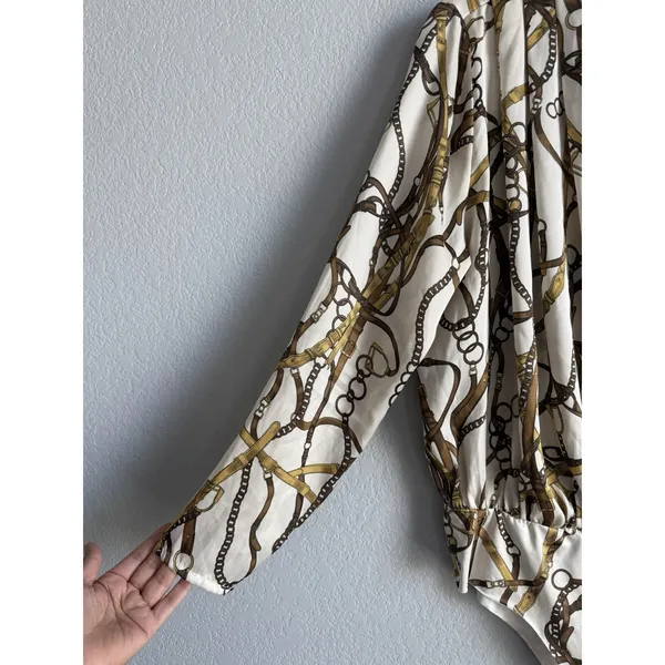 Zara Equestrian Chain Link Print Wrap Bodysuit Blouse Top Gold Brown Ivory Sz M - Image 6
