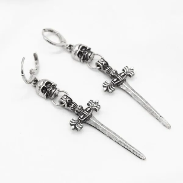 Skull and Sword Dangle Earrings Silver - Image 2