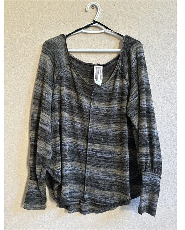 Free People Green Striped Boxy Scoop Neck Lightweight Slouchy Sweater Knit Top L - Image 3