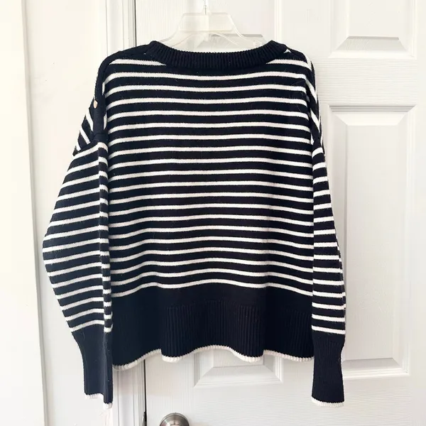 Magaschoni Black White Nautical Preppy Stripe Shoulder Button Dolman Sweater XL - Image 9