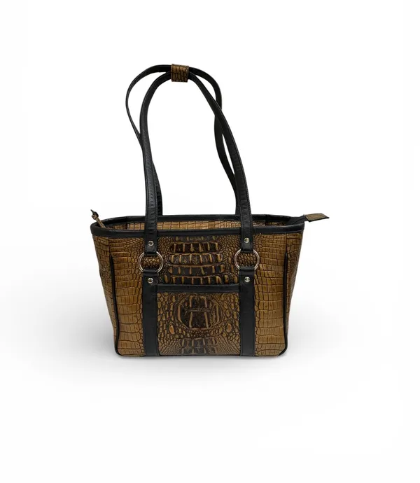 Faux Crocodile Embossed Tote Bag Brown Black Shoulder Handbag Zip Top Large - Image 2
