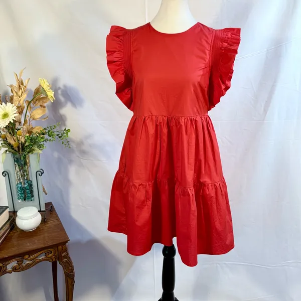 English Factory True Red Ruffle Sleeve Babydoll Tiered Mini Dress Sz S 🧡 - Image 3