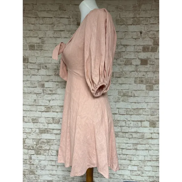 In The Beginning Size S Dress Blush Pink 3/4 Puff Sleeves‎ Tie Front Linen Short - Image 3