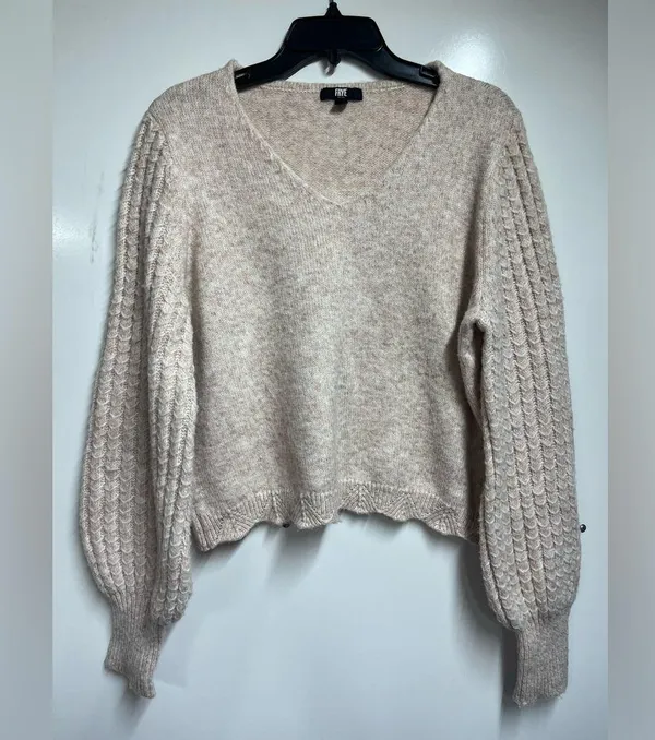 FRYE V-Neck Sweater Neutral Tan Beige Oatmeal Ribbed Knit Slouchy Balloon Sleeve - Image 2