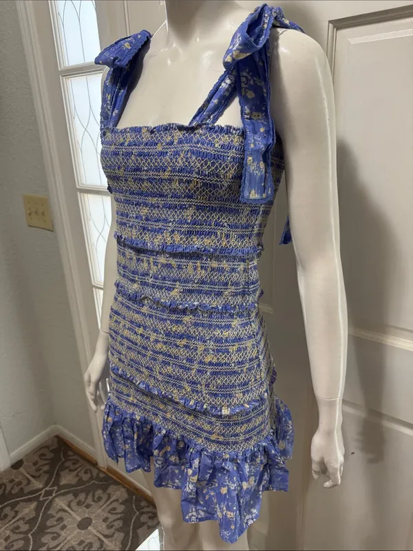 LoveShackFancy Belle Smocked Tie Straps Cotton Mini Dress Blue Jay Floral Print - Image 6
