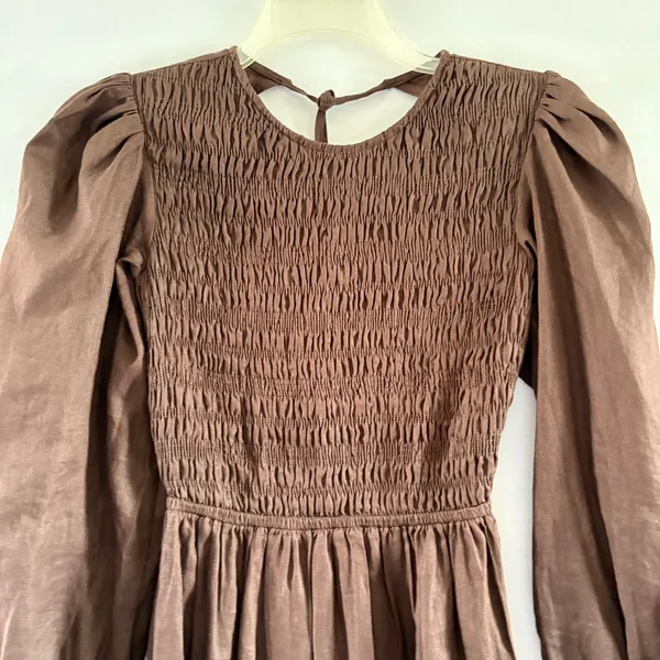 Brown Linen Maxi Dress Smocked Puff Sleeve Tiered Cottagecore DLD11313DBR - Image 3