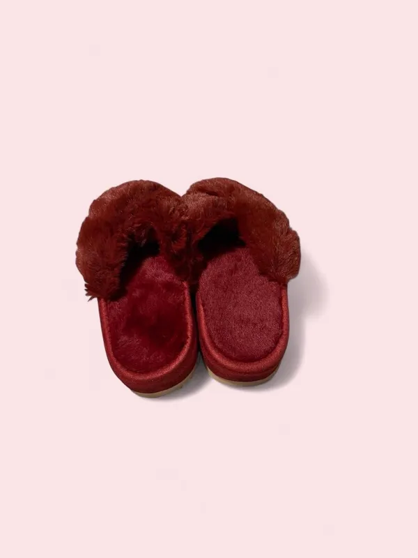 Cozy Faux Fur Cross-Band Slides - Burgundy - Image 3