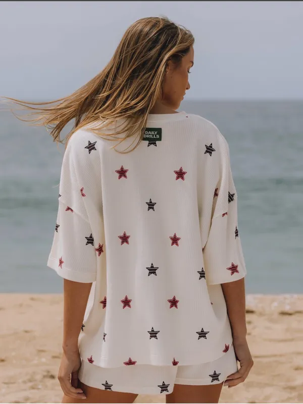 Daily Drills White Star-Print Loungewear Top with Red and Blue Stars - Image 3