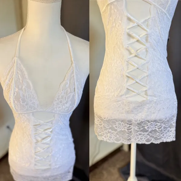 Frederick's of Hollywood Seduction Lace Halter Chemise Women Medium White NWT - Image 5