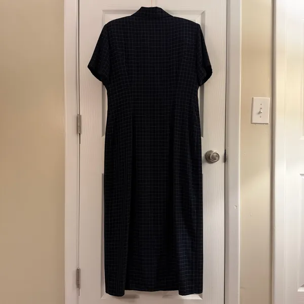 Jessica Howard Vintage 80s 90s Navy Blue Grid Plaid Abalone Button Midi Dress - Image 3