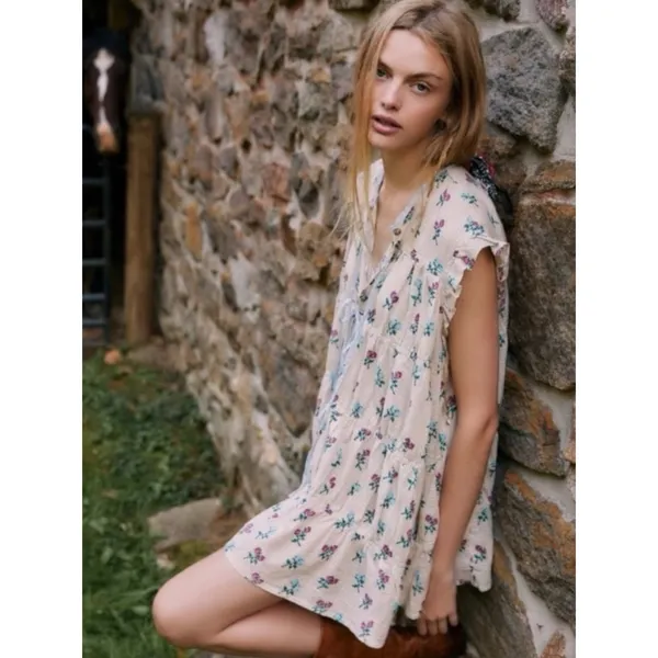 Free People Bohemian Prairie Sundown Mini Dress Tunic Top Ivory Combo Size Small - Image 3