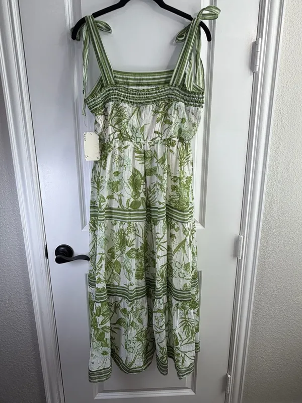 Sweet Wanderer Green Botanical Print Tie-Shoulder Tiered Midi Dress - Image 3