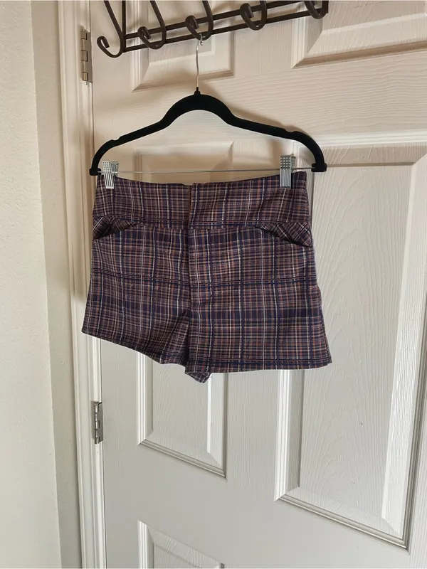 Free People Isla Plaid High Waisted Trouser Shorts Brown Navy Size 4 - Image 2