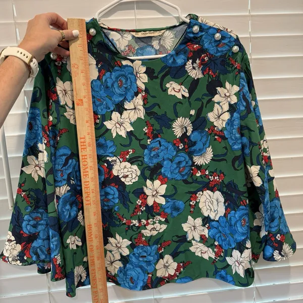 Zara Green Blue White Preppy Floral Bell Sleeve Modest High‎ Neck Blouse Size S - Image 5