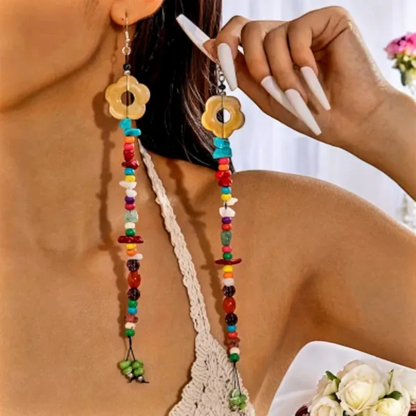 Boho-Chic Acrylic Resin Colorful Beaded Tassel Earrings with‎ Flower Charms - Image 3