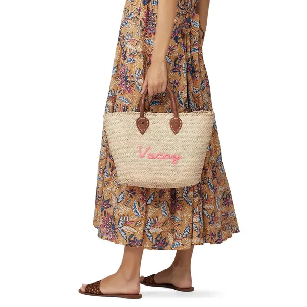 POOLSIDE Woven Straw Open Tote Pink “VACAY” Text Leather Handle Tote Purse - Image 2