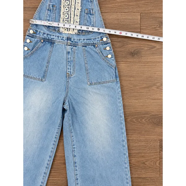 POL Light Wash Denim Overalls Size M Crochet Lace Wide Leg Boho - Image 9