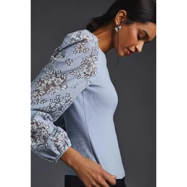 NWOT Anthropologie DOLAN Lace Puff-Sleeve Top Blue Size L Long sleeve - Image 3