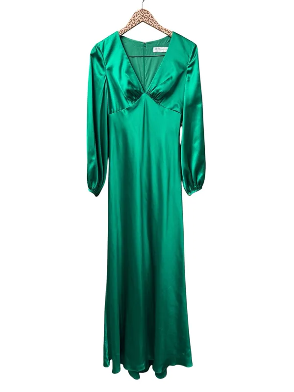 Mac Duggal Long Sleeve Empire Waist Satin Gown Maxi Dress Emerald Green 6 - Image 3