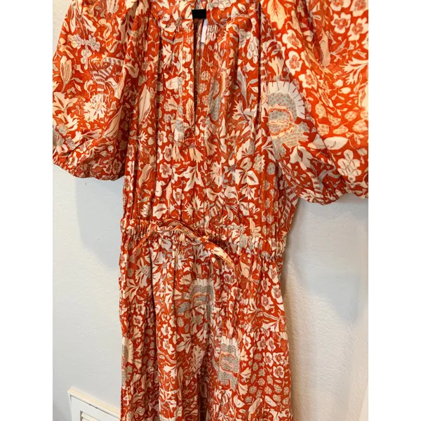 Ulla Johnson Olina Dress Orange White Floral Puff Sleeve Tiered Midi Dress Sz 2 - Image 3