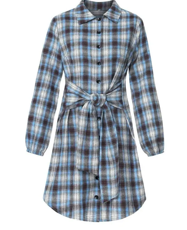 Blue Plaid Flannel Button Front Shirt Dress with Sash Front Tie Casual Western - Image 4