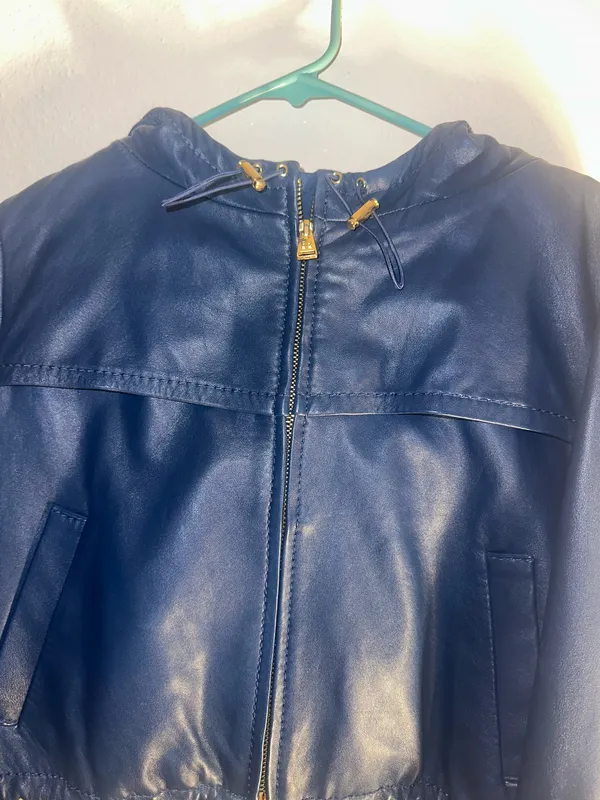 BCBGMAXAZRIA Blue Cropped Hooded Leather Jacket XS - Image 2