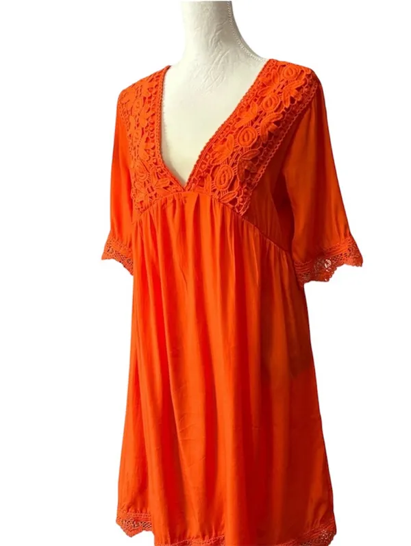 Embroidered V- neck mini dress orange with crochet lace hem sleeves - Image 2