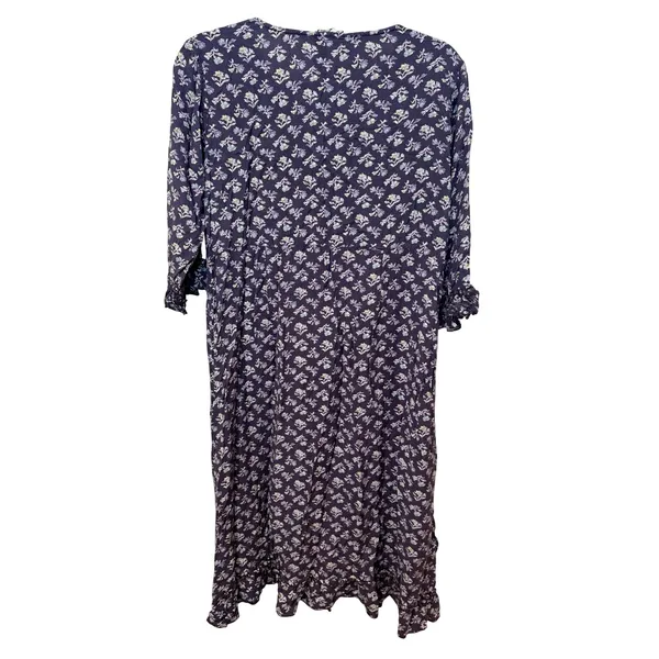 April Cornell Vintage Purple Floral Rayon Midi Dress Ruffle Sleeve V-Neck Large - Image 4