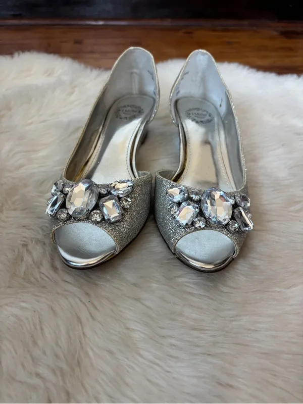 Silver Glitter Rhinestone Peep Toe Wedges - Image 2