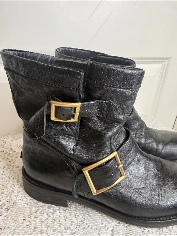 Jimmy Choo Black Leather Moto ankle fur Boots sz 6.5 (37) - Image 3