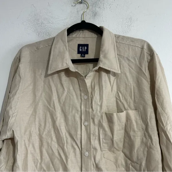 Gap Linen Rayon Button Down Shirt Khaki Tan XL Coastal Preppy Neutral Euro - Image 6