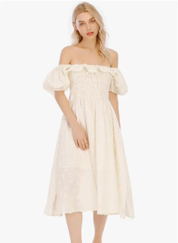 Boutique Womens Summer Floral Print Puff Sleeves Vintage Ruffles Midi Dress, Lightyellow, Small - Image 2