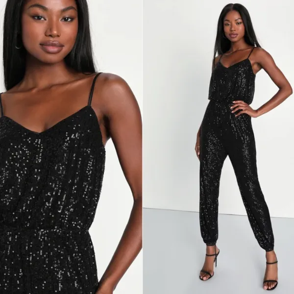 LULU's Sexy Chic Elegant Prom Holidays Wedding Sequins Shimmer Sparkle Jumpsuit - Image 2