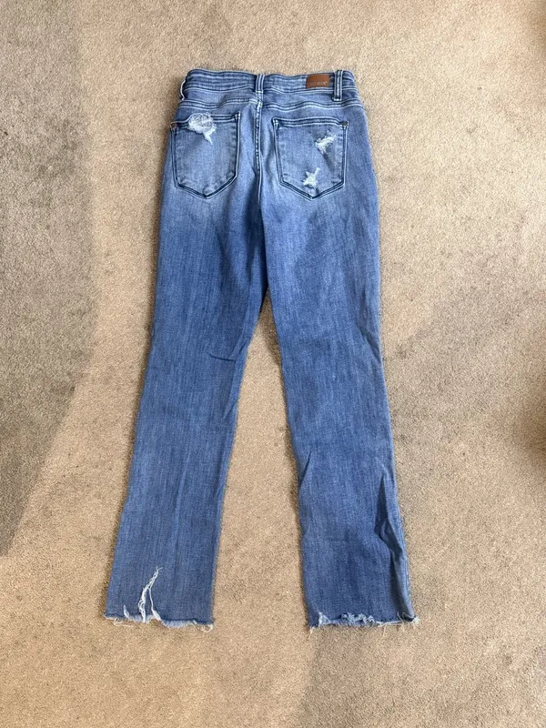 Judy Blue Medium Wash Mid Rise Destroyed Raw Hem Straight Leg Jeans Size 5/27 - Image 4