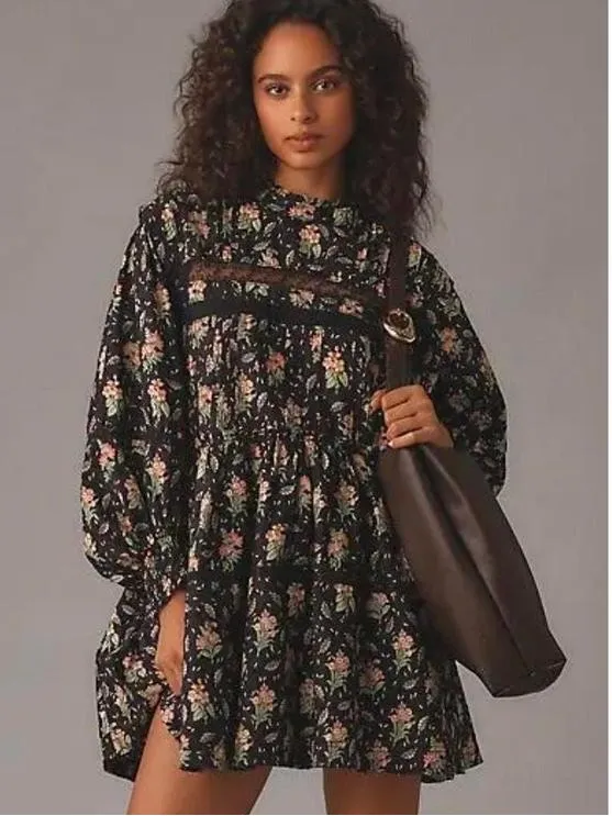 Anthropologie Pilcro Swing Mini Dress Womens Large Black Floral NWT Lace - Image 16