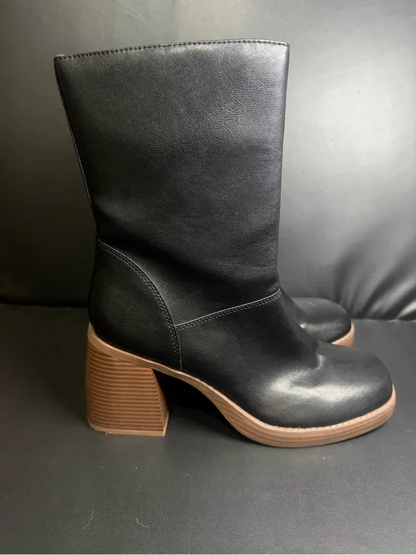 Black Faux Leather Mid-Calf Boots with Stacked Block Heel - Image 3