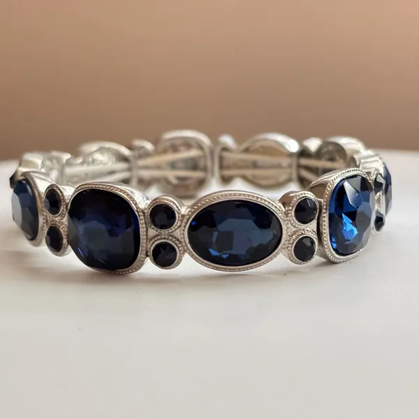 Silver Tone Blue Crystal Stretch Bracelet - Image 2