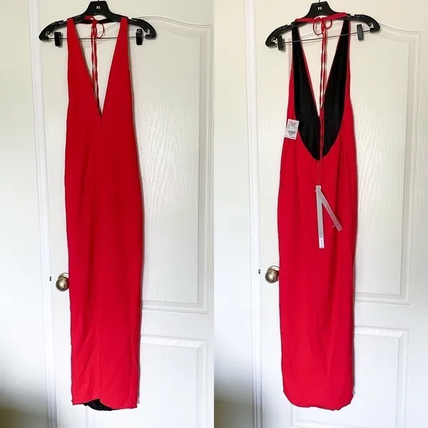 Art259Design Dress Backless‎ Halter Slit Crinkle Midi Red S NWT - Image 2