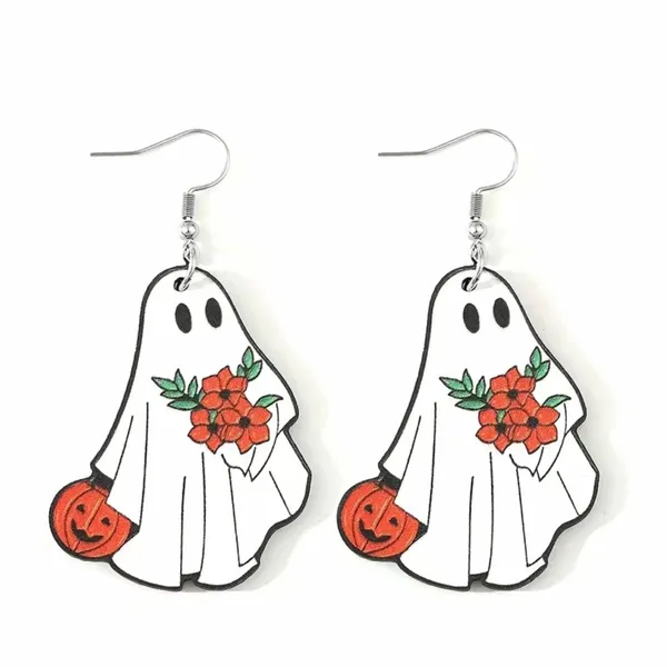 White Ghost Pumpkin Pattern Dangle Halloween Earrings‎ Wooden Jewelry - Image 6