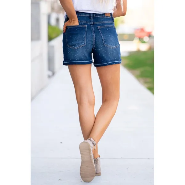Judy Blue Ava Splattered Distressed Dark Wash High Rise 5 Pocket Denim Shorts S - Image 2