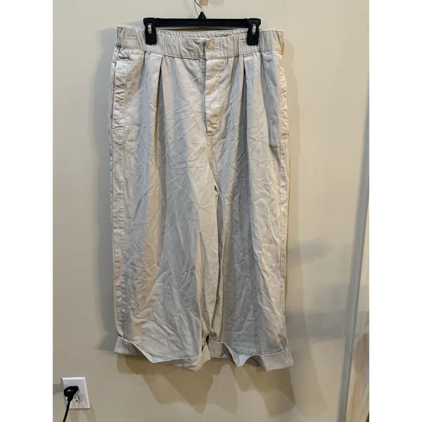 Free People High Rise Super Wide Leg Cuffed Khaki Trousers Pleated Size Large - Image 2