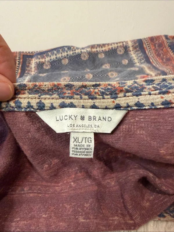 Lucky Brand Linen Blend Hi Low Short Sleeve Aztec Western Style Top Size XL - Image 3