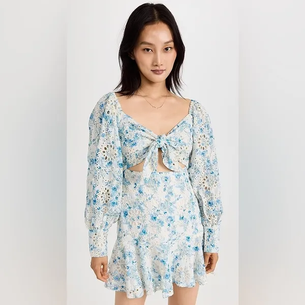 En Saison Claire Eyelet Lace Mini Dress with Tie Blue Floral Small NWT - Image 9