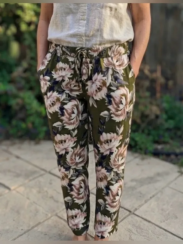 STARS ABOVE floral pajama pant tassel drawstrings 2 pockets olive green size L - Image 12
