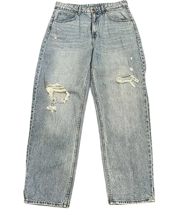 H&M &Denim Distressed Ultra High Waist 90’s Baggy Jeans Light Wash US 12/EU 44 - Image 3